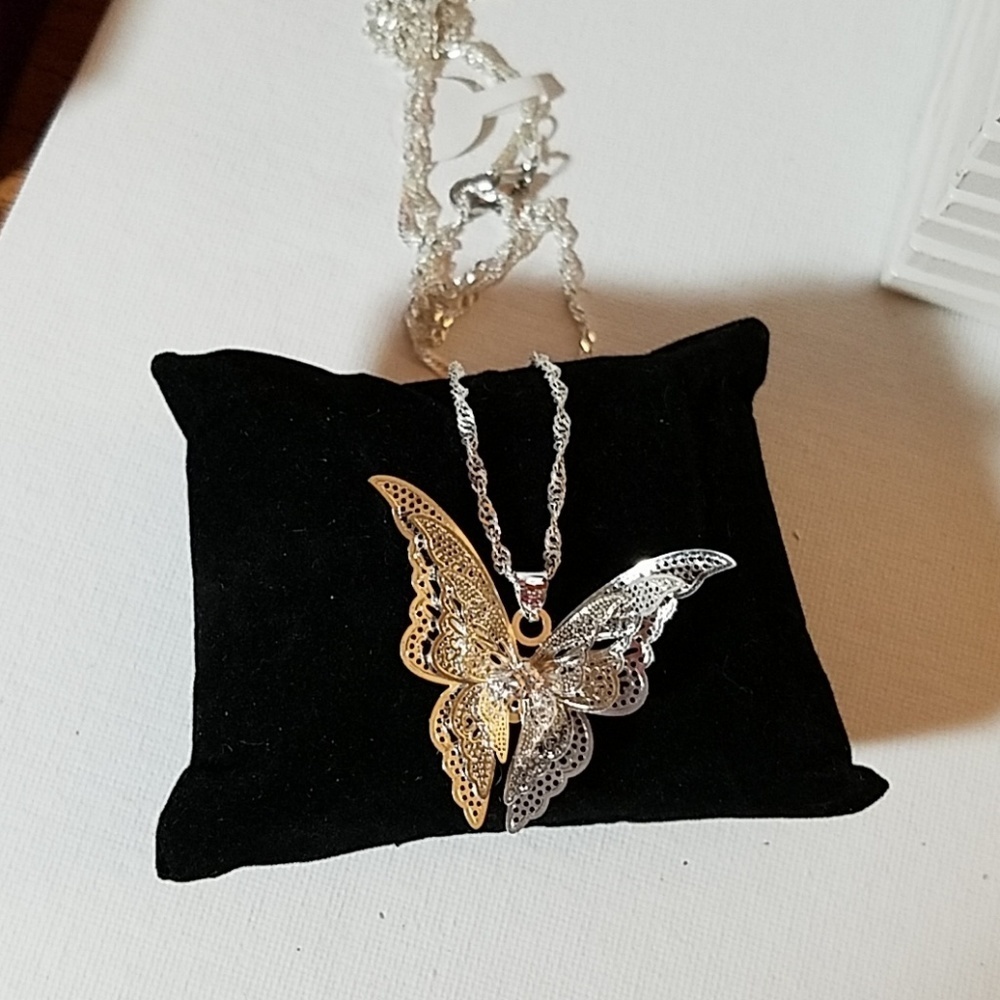 Butterfly Silver Tone Chain Necklace 32"